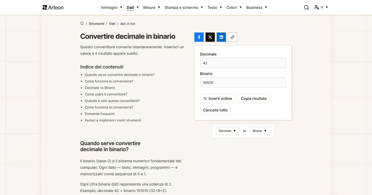 Screenshot dello strumento gratuito Arteon: DEC in BIN