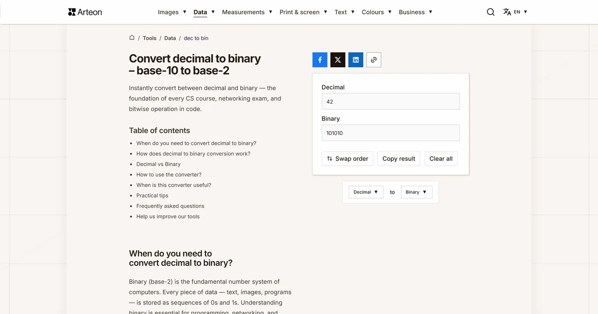 Arteon free tool screenshot: Convert decimal to binary – base-10 to base-2