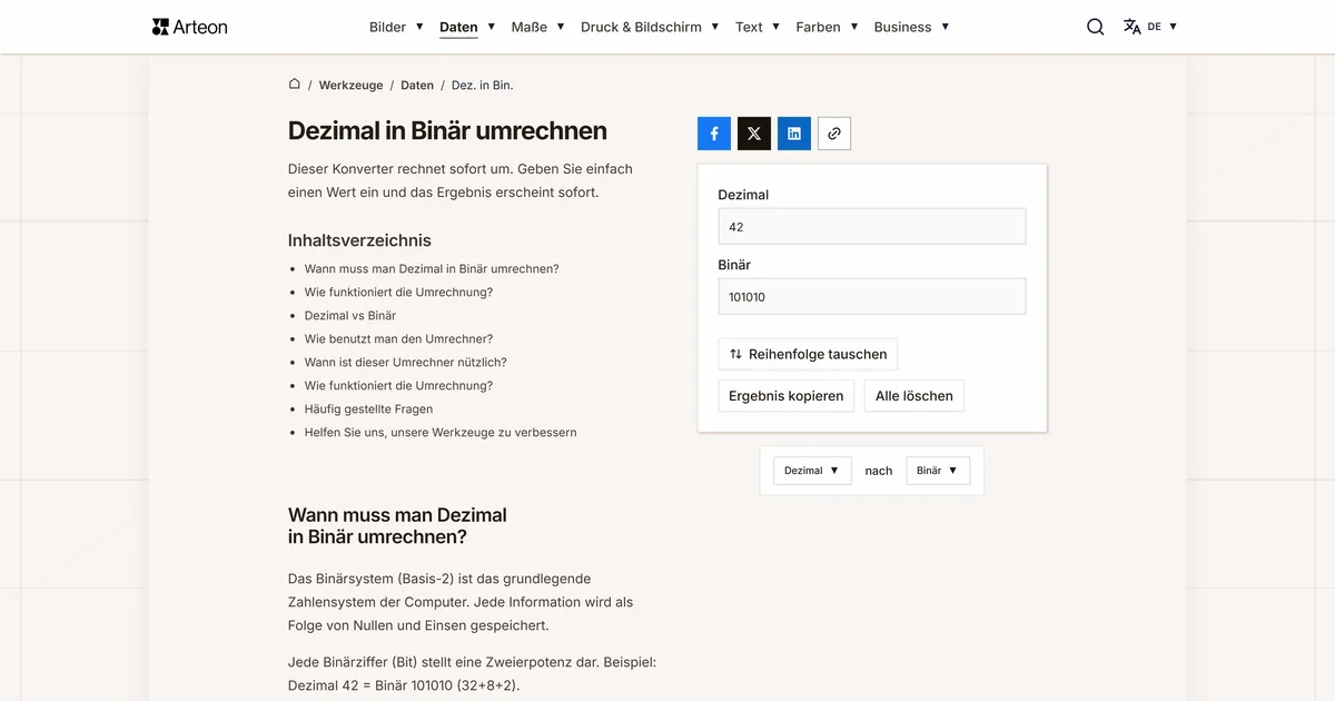 Screenshot des kostenlosen Arteon-Werkzeugs: DEC in BIN