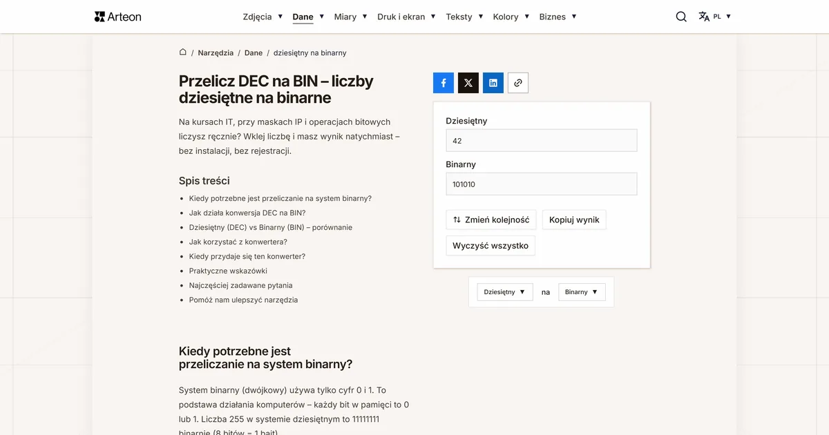 Zrzut ekranu darmowego narzędzia Arteon: DEC na BIN