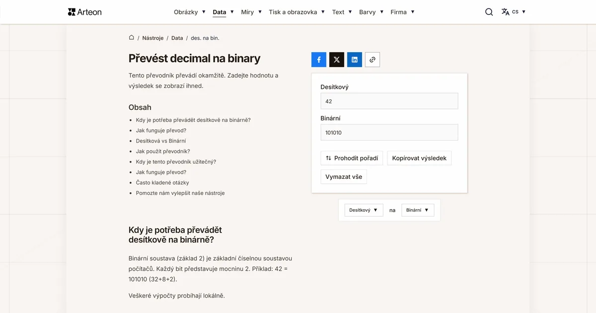 Snímek obrazovky bezplatného nástroje Arteon: DEC na BIN