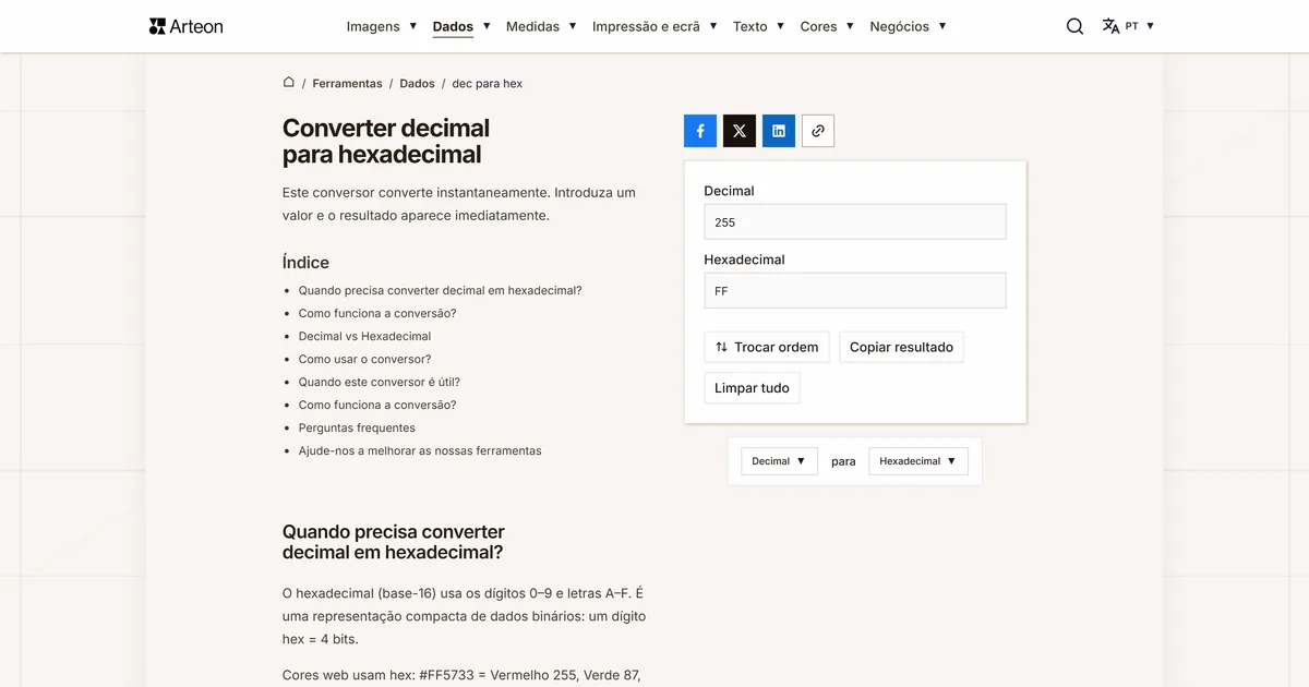Captura de ecrã da ferramenta gratuita da Arteon: DEC para HEX