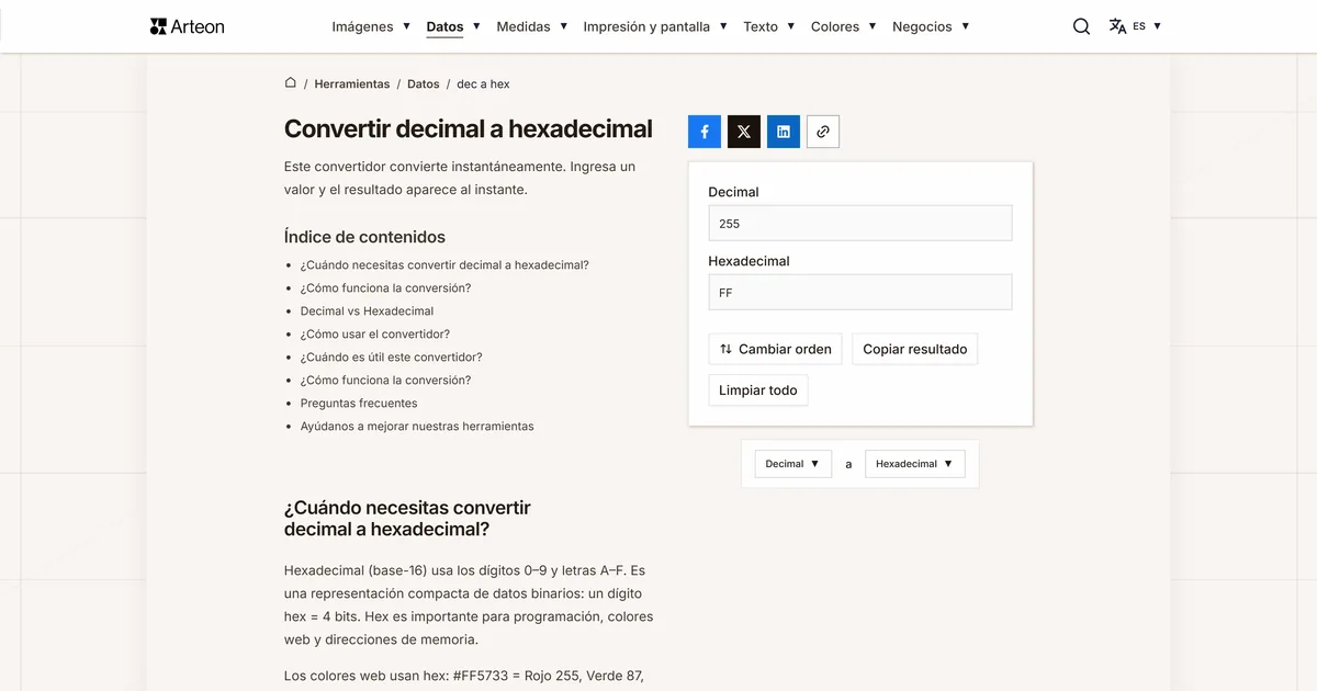 Captura de pantalla de la herramienta gratuita de Arteon: DEC a HEX