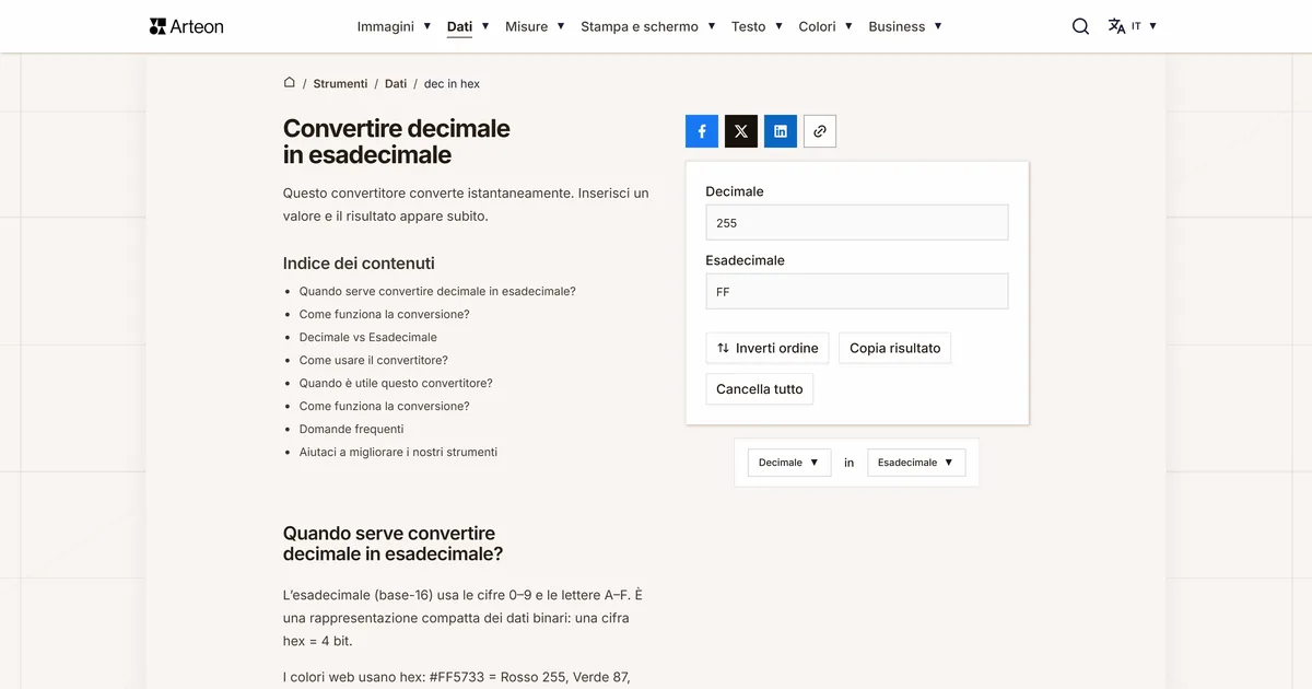 Screenshot dello strumento gratuito Arteon: Convertire decimale in esadecimale
