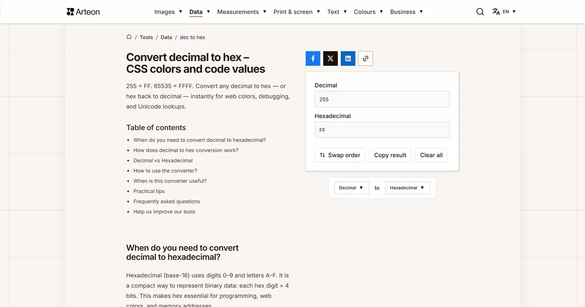 Arteon free tool screenshot: Convert decimal to hex – CSS colors and code values