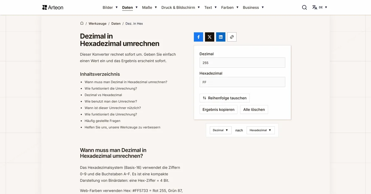 Screenshot des kostenlosen Arteon-Werkzeugs: DEC in HEX