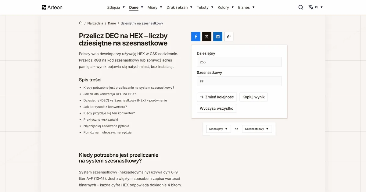 Zrzut ekranu darmowego narzędzia Arteon: DEC na HEX