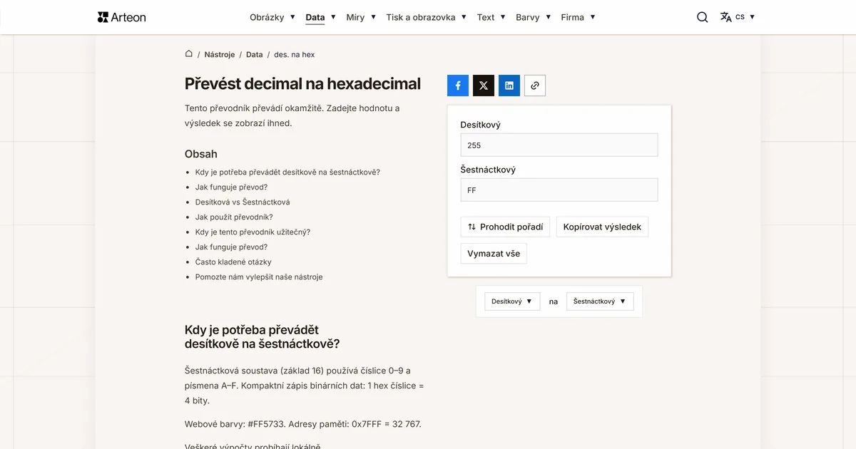 Snímek obrazovky bezplatného nástroje Arteon: Převést decimal na hexadecimal