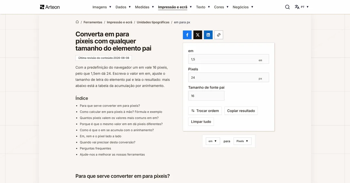 Captura de ecrã da ferramenta gratuita da Arteon: Converta em para píxeis com qualquer tamanho do elemento pai