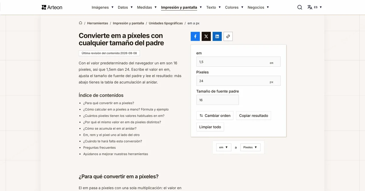 Captura de pantalla de la herramienta gratuita de Arteon: Convierte em a píxeles con cualquier tamaño del padre