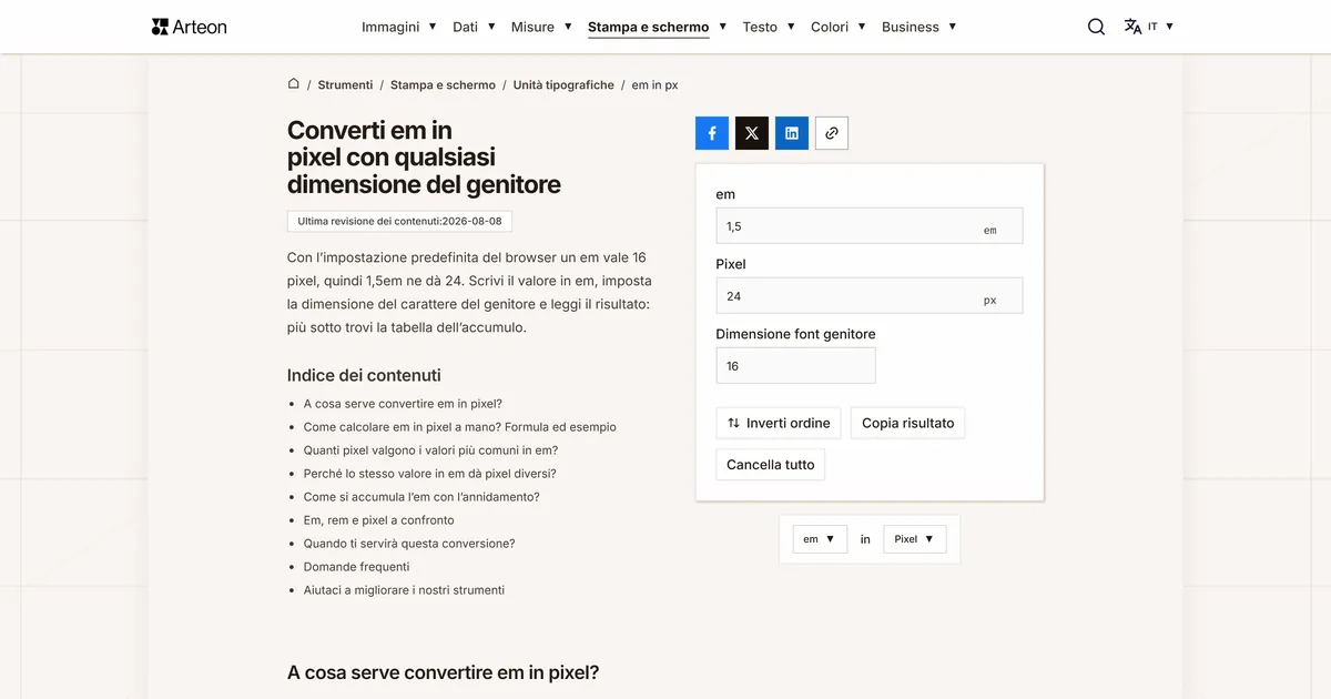 Screenshot dello strumento gratuito Arteon: Converti em in pixel con qualsiasi dimensione del genitore