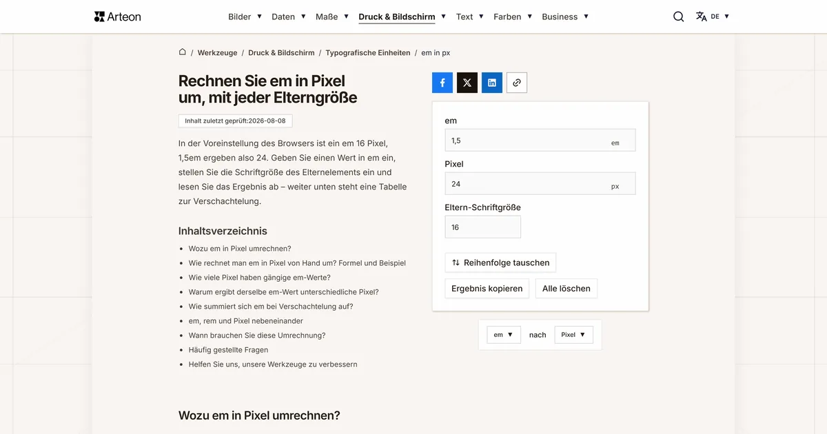 Screenshot des kostenlosen Arteon-Werkzeugs: Rechnen Sie em in Pixel um, mit jeder Elterngröße