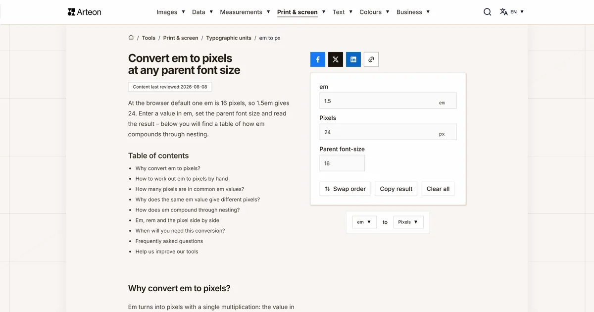 Arteon free tool screenshot: Convert em to pixels at any parent font size