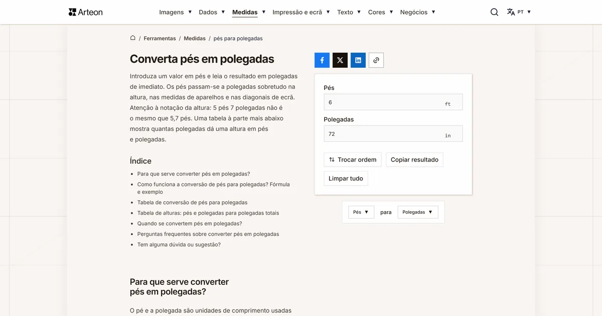 Captura de ecrã da ferramenta gratuita da Arteon: Converta pés em polegadas