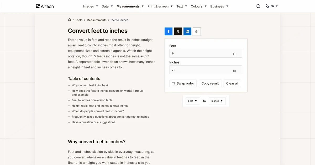 Arteon free tool screenshot: Convert feet to inches