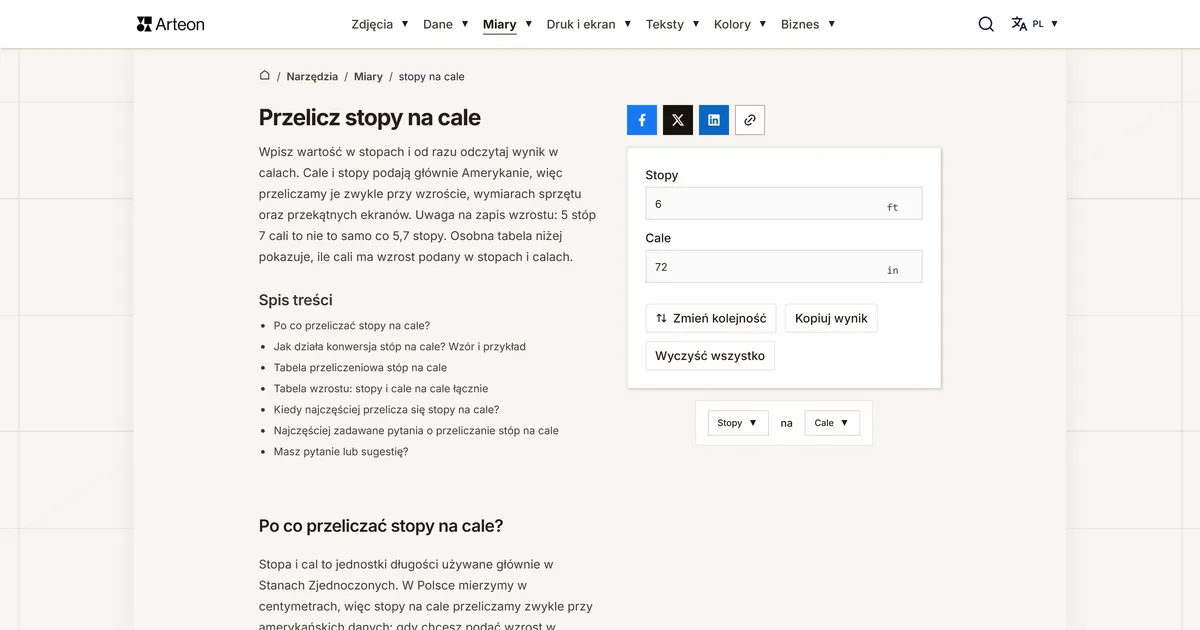 Zrzut ekranu darmowego narzędzia Arteon: Przelicz stopy na cale