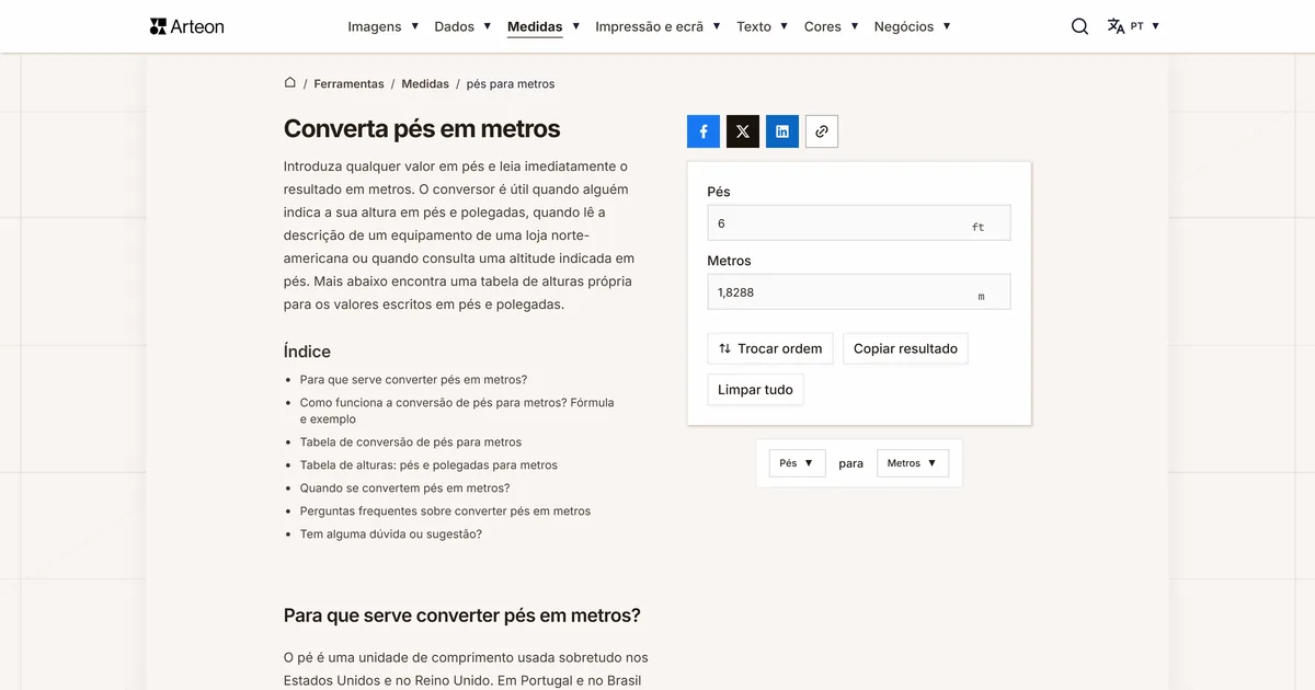 Captura de ecrã da ferramenta gratuita da Arteon: Converta pés em metros