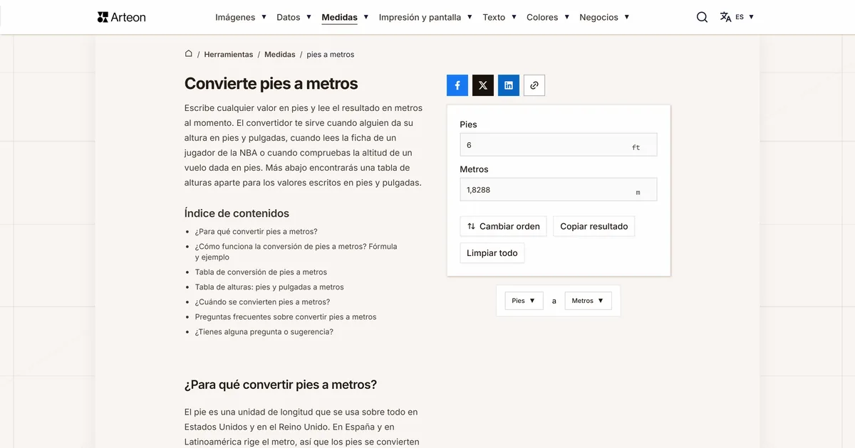 Captura de pantalla de la herramienta gratuita de Arteon: Convierte pies a metros