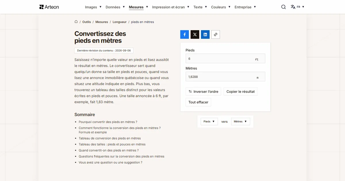 Capture d'écran de l'outil gratuit d'Arteon: Convertissez des pieds en mètres