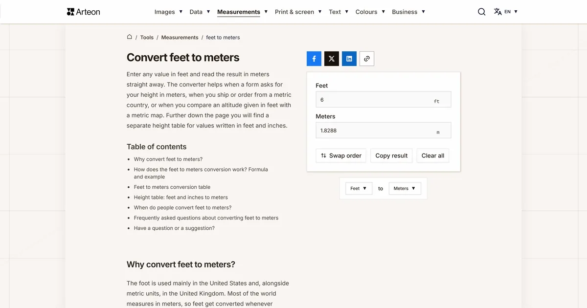 Arteon free tool screenshot: Convert feet to meters