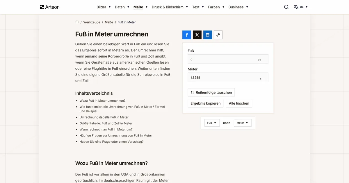 Screenshot des kostenlosen Arteon-Werkzeugs: Fuß in Meter umrechnen