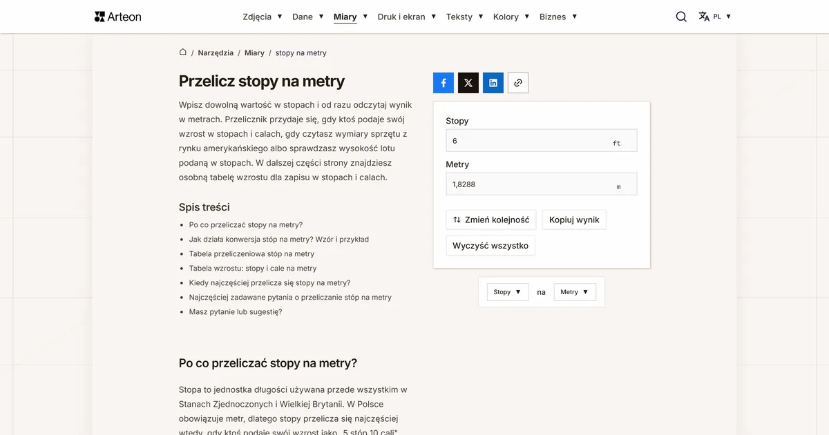 Zrzut ekranu darmowego narzędzia Arteon: Przelicz stopy na metry
