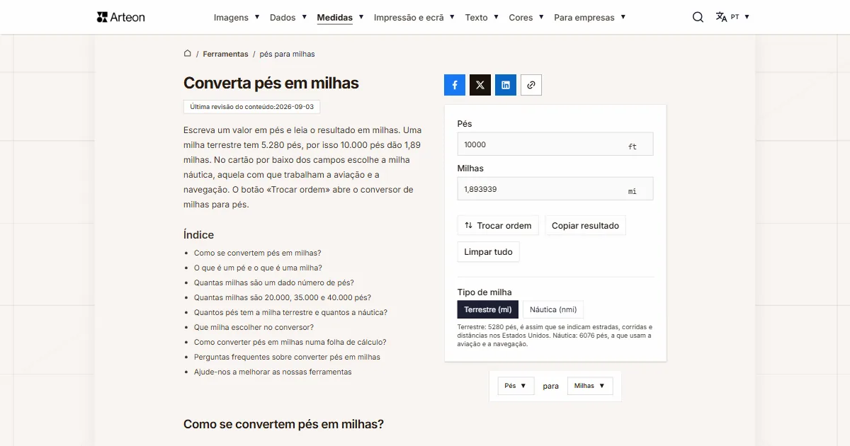 Captura de ecrã da ferramenta gratuita da Arteon: Converta pés em milhas