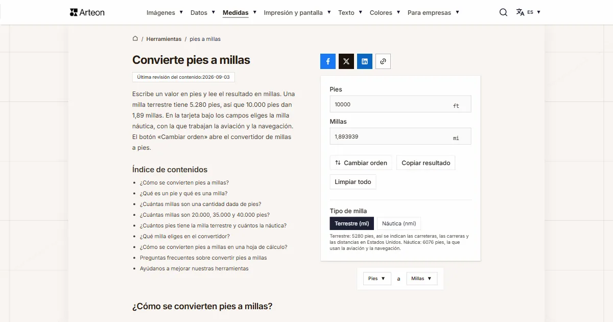Captura de pantalla de la herramienta gratuita de Arteon: Convierte pies a millas