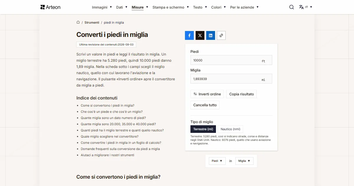 Screenshot dello strumento gratuito Arteon: Converti i piedi in miglia