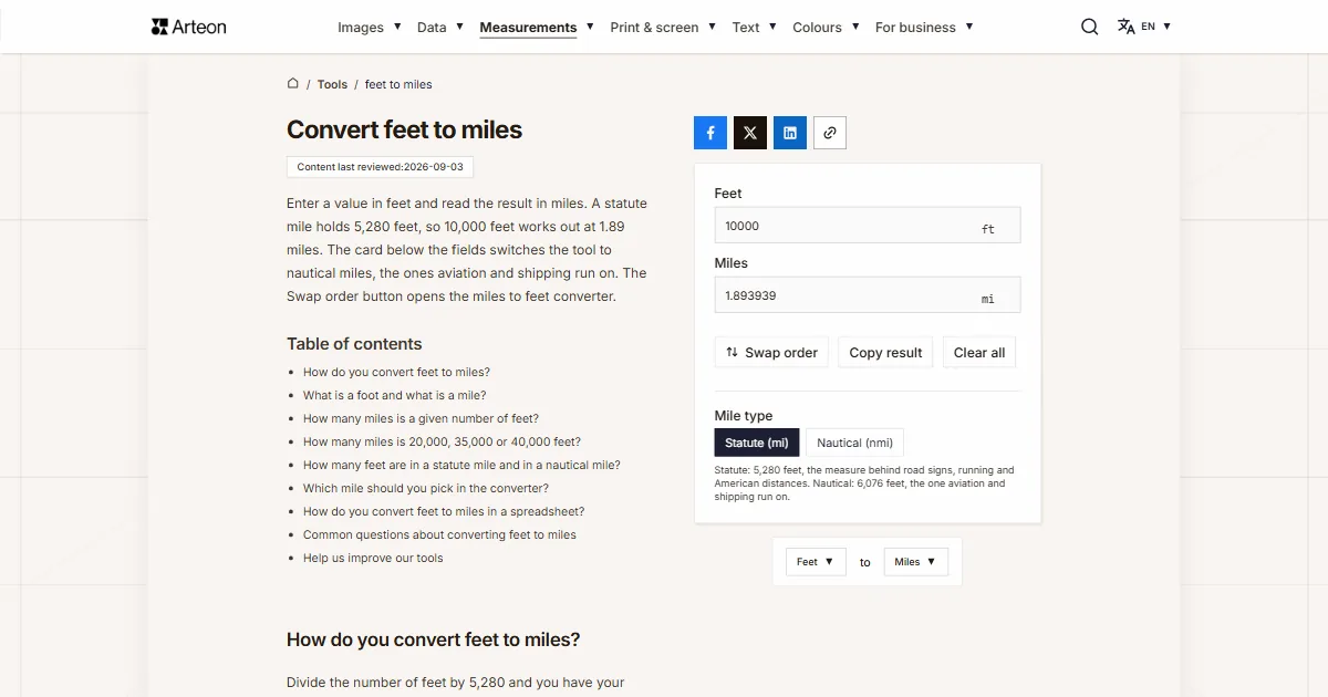 Arteon free tool screenshot: Convert feet to miles