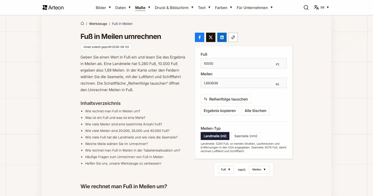 Screenshot des kostenlosen Arteon-Werkzeugs: Fuß in Meilen umrechnen