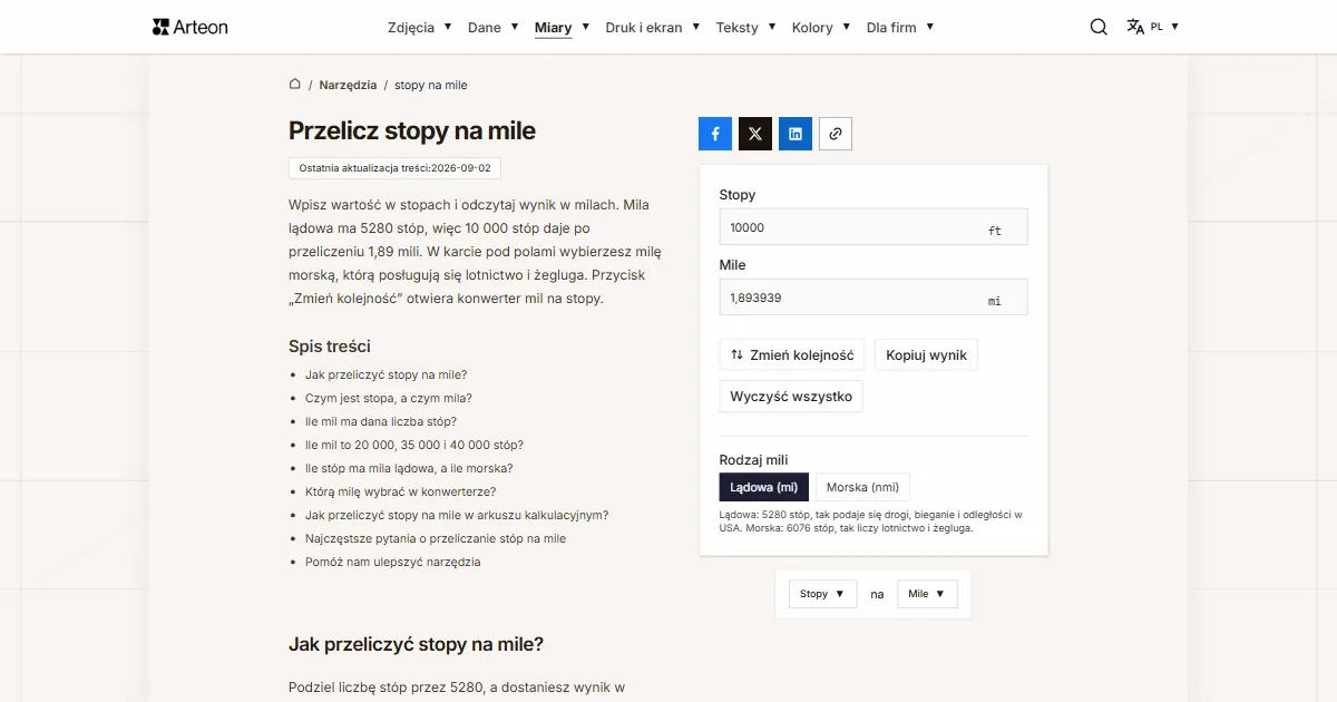 Zrzut ekranu darmowego narzędzia Arteon: Przelicz stopy na mile