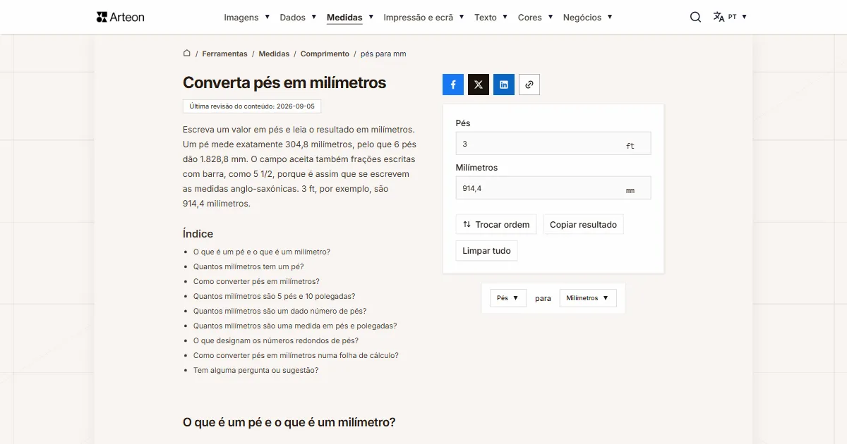 Captura de ecrã da ferramenta gratuita da Arteon: Converta pés em milímetros