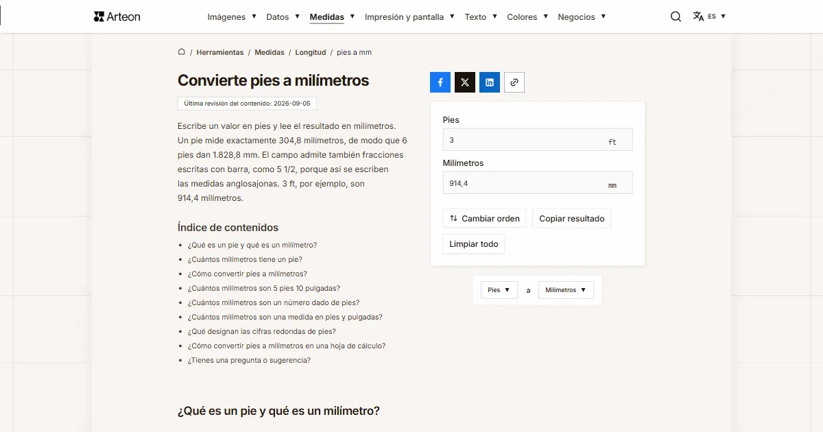Captura de pantalla de la herramienta gratuita de Arteon: Convierte pies a milímetros