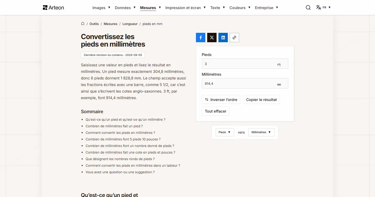 Capture d'écran de l'outil gratuit d'Arteon: Convertissez les pieds en millimètres