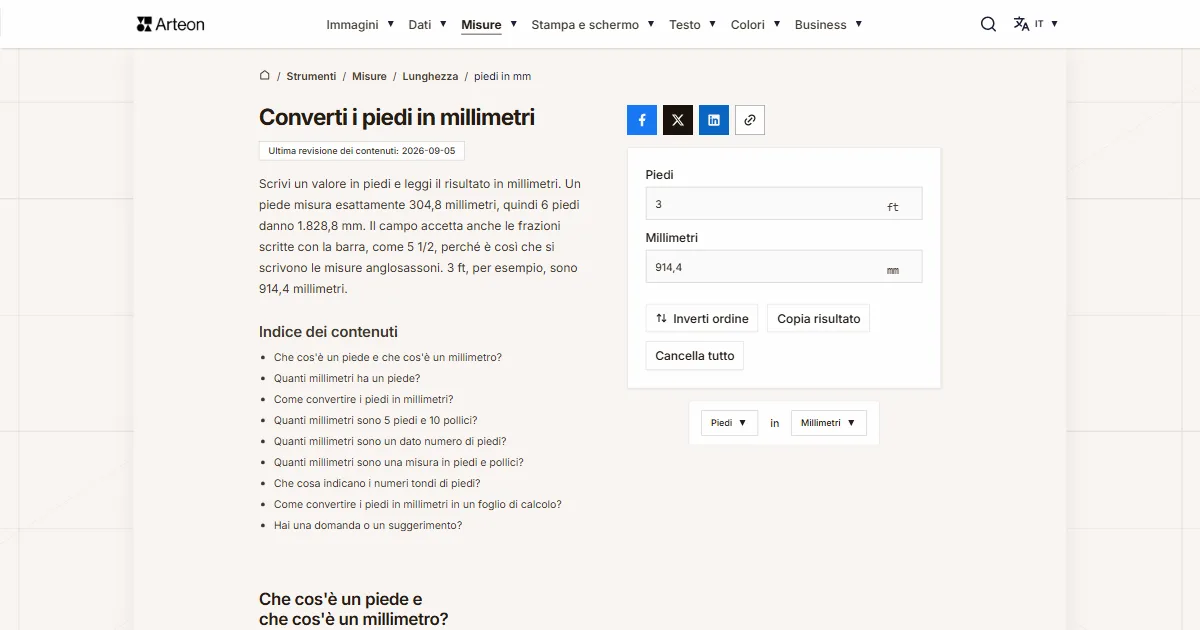 Screenshot dello strumento gratuito Arteon: Converti i piedi in millimetri