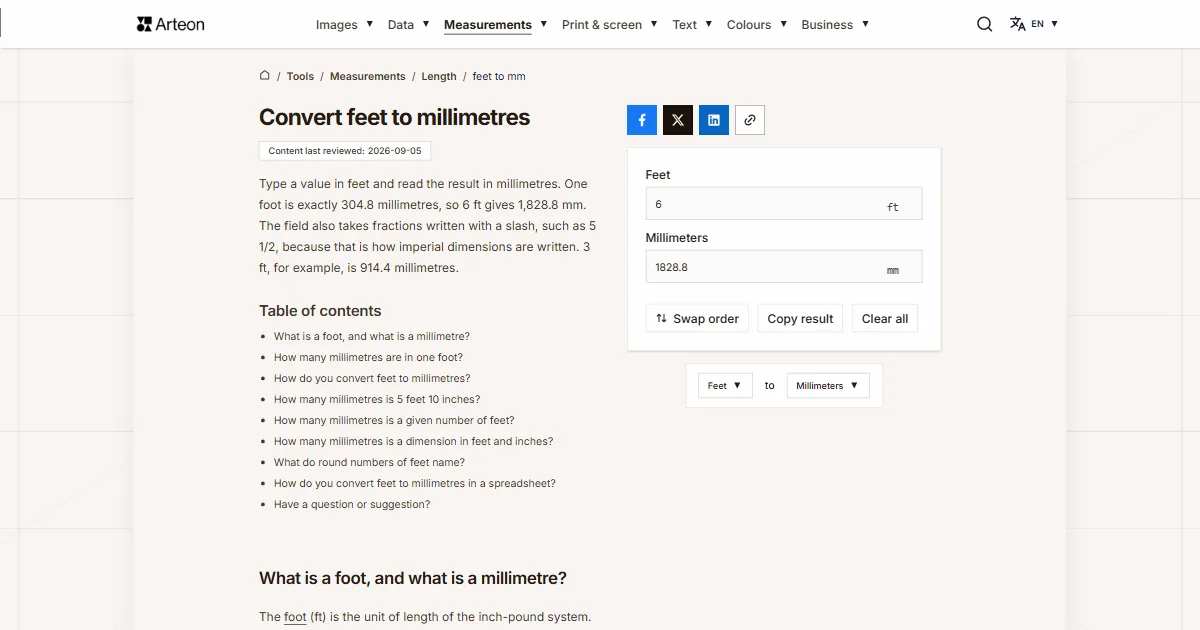 Arteon free tool screenshot: Convert feet to millimetres