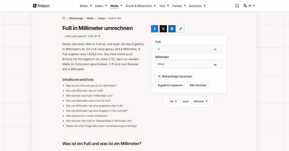 Screenshot des kostenlosen Arteon-Werkzeugs: Fuß in Millimeter umrechnen