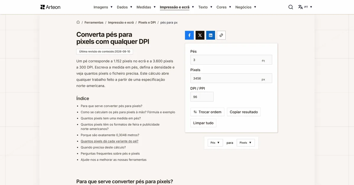 Captura de ecrã da ferramenta gratuita da Arteon: Converta pés para pixels com qualquer DPI