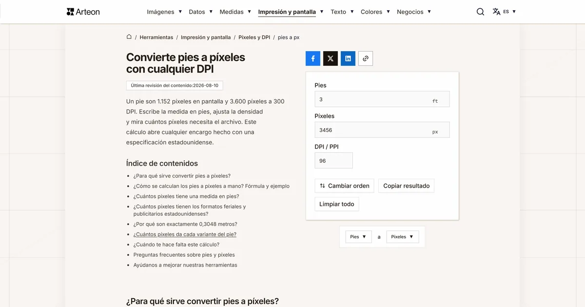 Captura de pantalla de la herramienta gratuita de Arteon: Convierte pies a píxeles con cualquier DPI