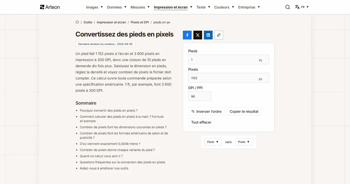 Capture d'écran de l'outil gratuit d'Arteon: Convertissez des pieds en pixels