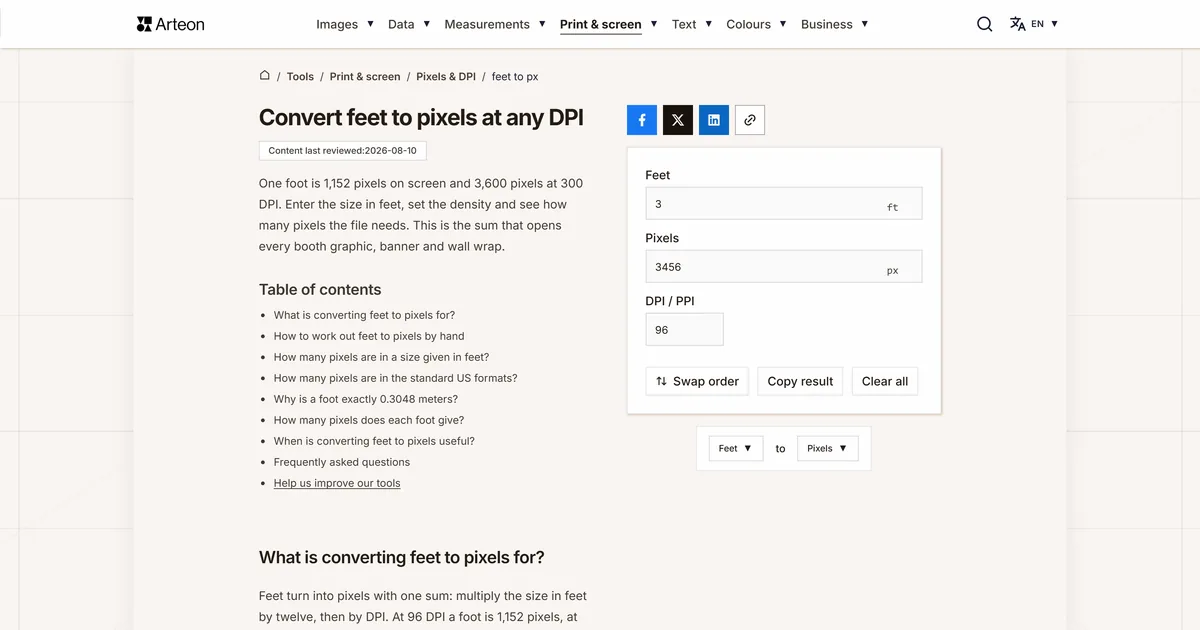 Arteon free tool screenshot: Convert feet to pixels at any DPI