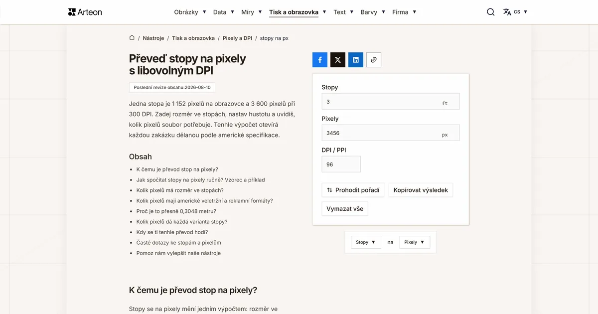 Snímek obrazovky bezplatného nástroje Arteon: Převeď stopy na pixely s libovolným DPI