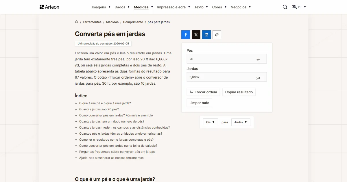 Captura de ecrã da ferramenta gratuita da Arteon: Converta pés em jardas