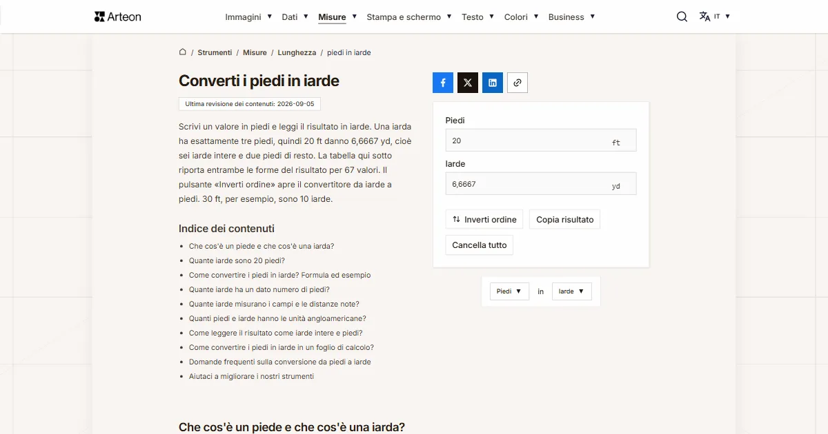 Screenshot dello strumento gratuito Arteon: Converti i piedi in iarde