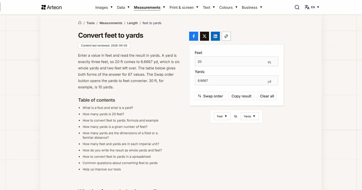 Arteon free tool screenshot: Convert feet to yards