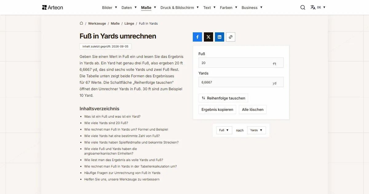 Screenshot des kostenlosen Arteon-Werkzeugs: Fuß in Yards umrechnen