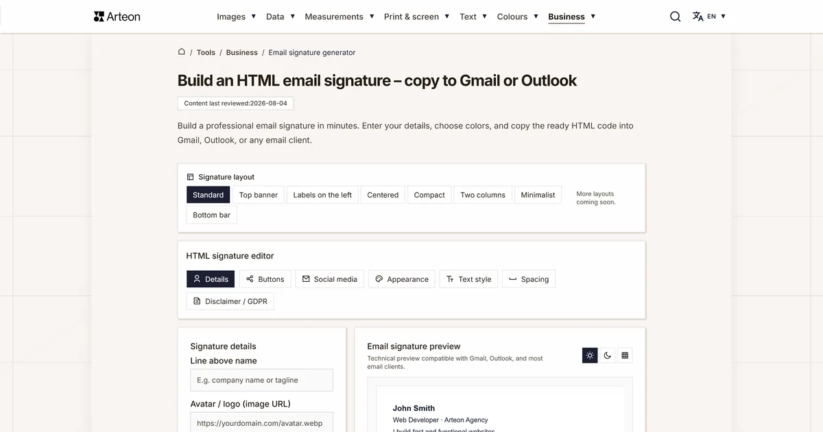 Arteon free tool screenshot: Build an HTML email signature – copy to Gmail or Outlook