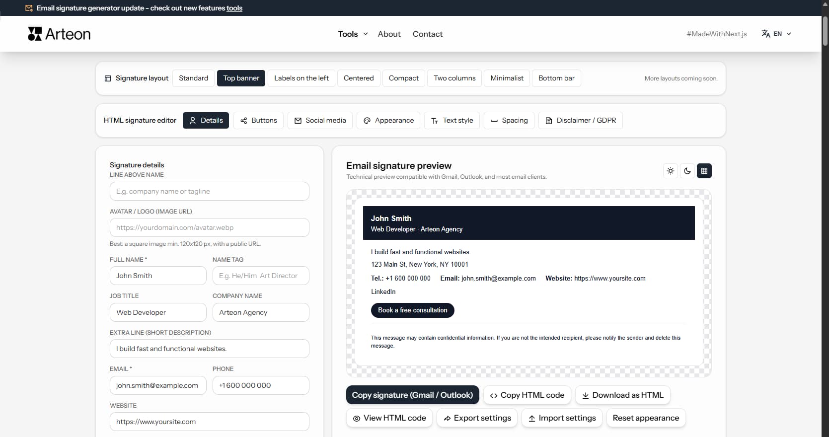 Free HTML e-mail signature generator Arteon