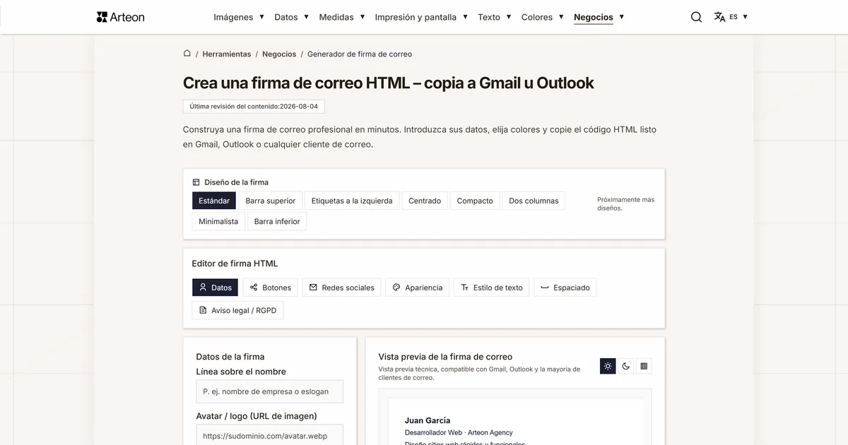 Captura de pantalla de la herramienta gratuita de Arteon: Crea una firma de correo HTML – copia a Gmail u Outlook